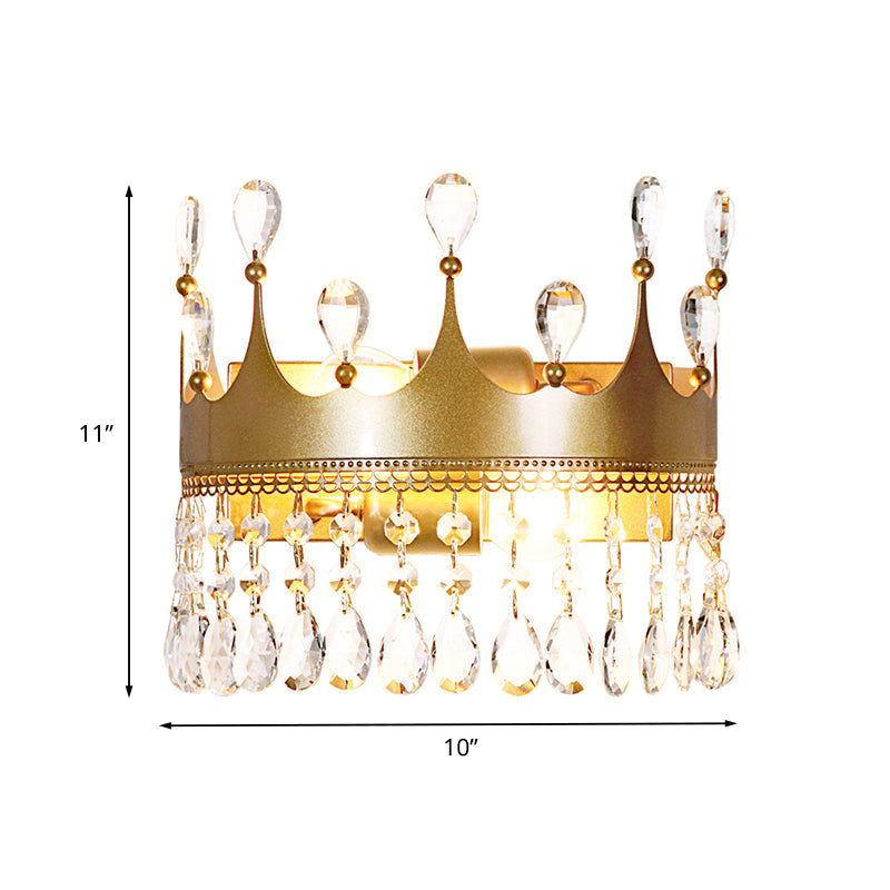 Metal Crown Wall Sconce Lighting - Cartoon 2 Head Gold Led Mount Lamp With Crystal Drop Deco