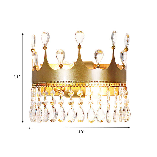 Metal Crown Wall Sconce Lighting - Cartoon 2 Head Gold Led Mount Lamp With Crystal Drop Deco