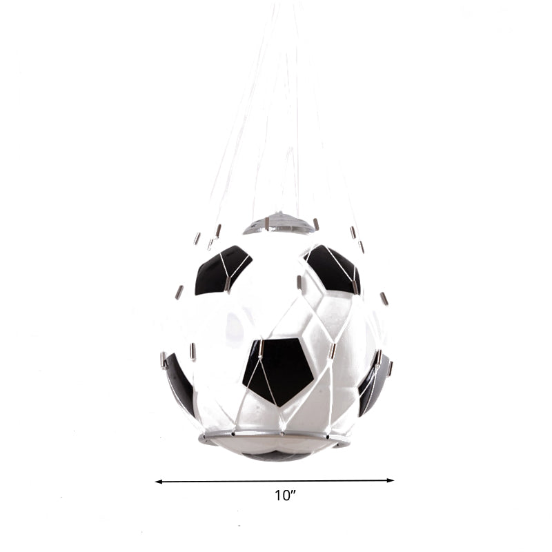 Football Cartoon Kids Room Pendant Lamp: White Glass Black Mesh