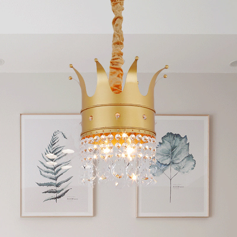 Gold Finish Crown Ceiling Chandelier - Kids 2/4/5 Bulbs Metal Suspension Light With Crystal Accent