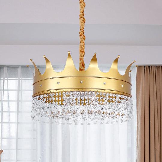 Gold Finish Crown Ceiling Chandelier - Kids 2/4/5 Bulbs Metal Suspension Light With Crystal Accent