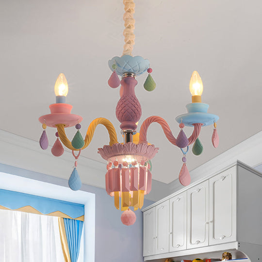 Girls Bedroom Pendant Lighting: Kids Crystal Chandelier With Curved Arm - Pink 3/5/6-Bulb Option