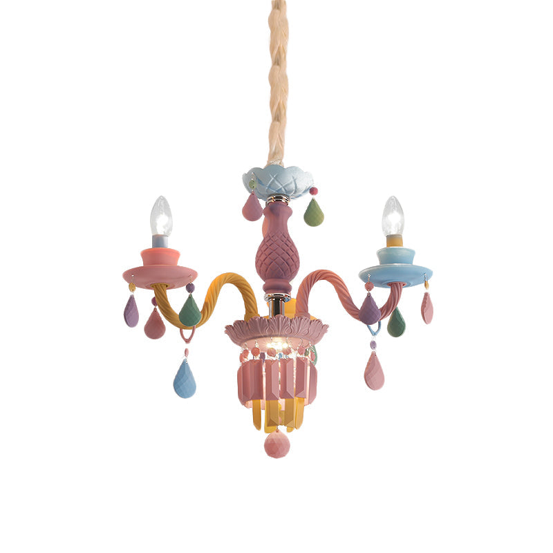 Girls Bedroom Pendant Lighting: Kids Crystal Chandelier With Curved Arm - Pink 3/5/6-Bulb Option