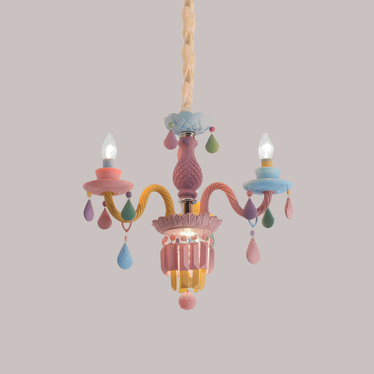 Girls Bedroom Pendant Lighting: Kids Crystal Chandelier With Curved Arm - Pink 3/5/6-Bulb Option