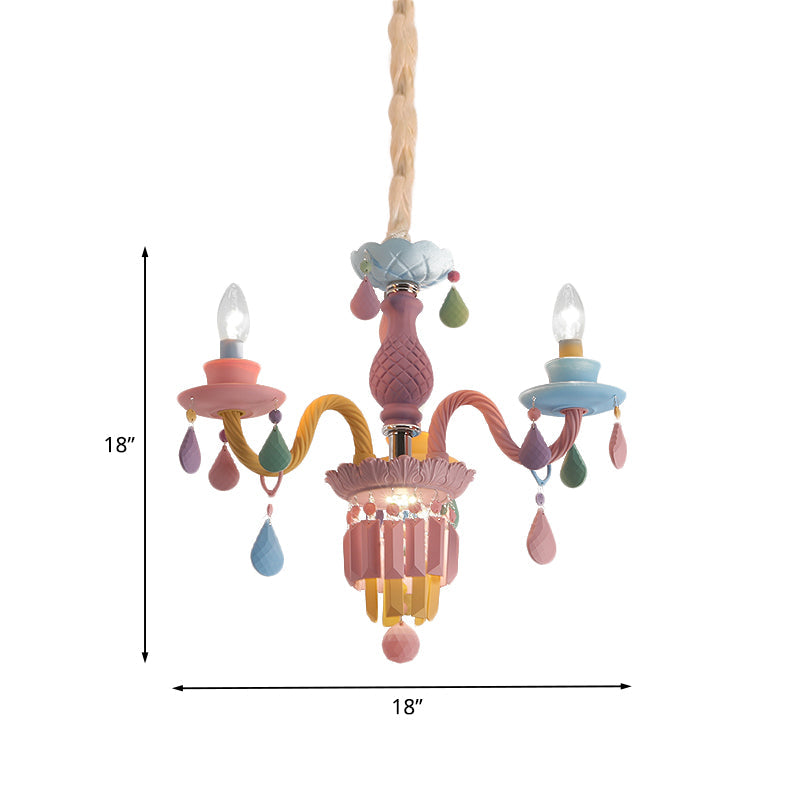 Girls Bedroom Pendant Lighting: Kids Crystal Chandelier With Curved Arm - Pink 3/5/6-Bulb Option