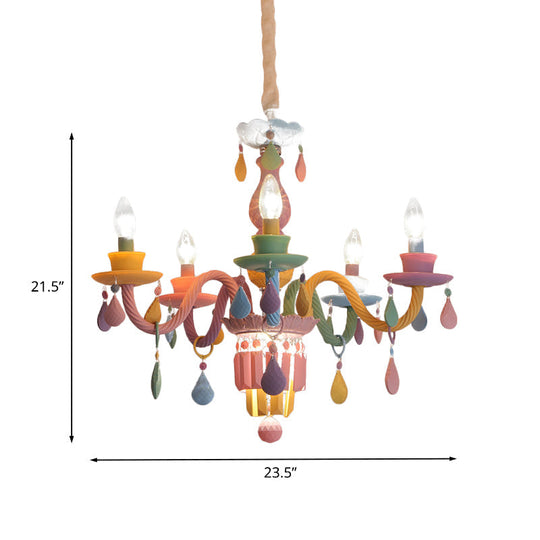 Girls Bedroom Pendant Lighting: Kids Crystal Chandelier With Curved Arm - Pink 3/5/6-Bulb Option