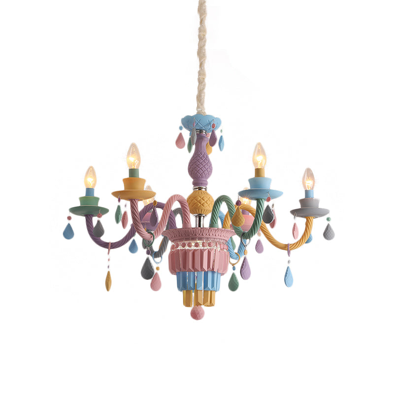 Girls Bedroom Pendant Lighting: Kids Crystal Chandelier With Curved Arm - Pink 3/5/6-Bulb Option