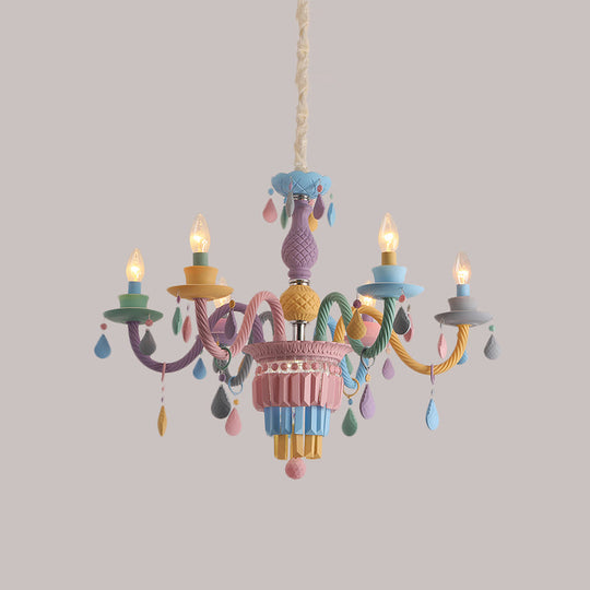 Girls Bedroom Pendant Lighting: Kids Crystal Chandelier With Curved Arm - Pink 3/5/6-Bulb Option