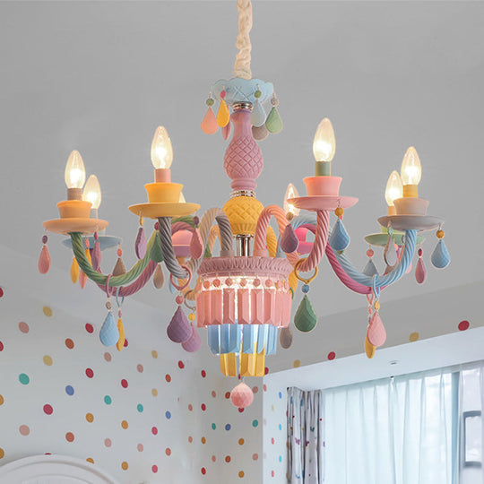 Girls Bedroom Pendant Lighting: Kids Crystal Chandelier With Curved Arm - Pink 3/5/6-Bulb Option