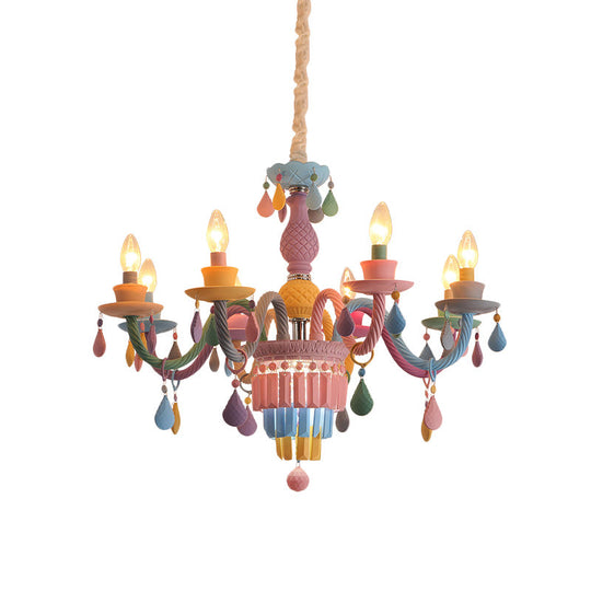 Girls Bedroom Pendant Lighting: Kids Crystal Chandelier With Curved Arm - Pink 3/5/6-Bulb Option