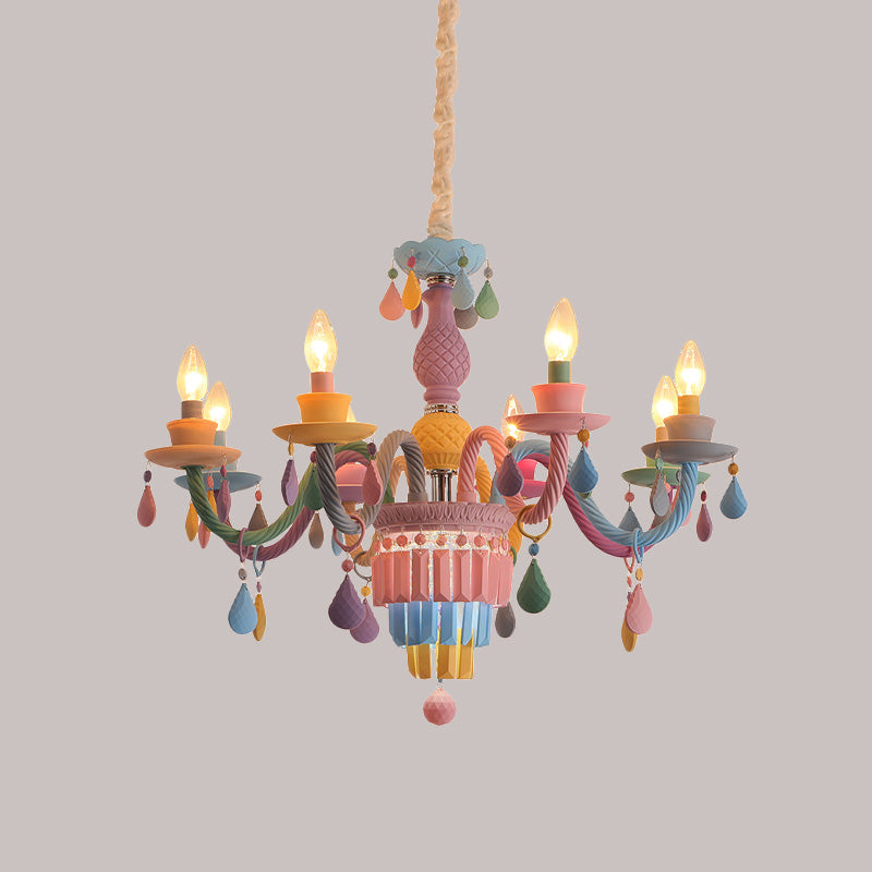 Girls Bedroom Pendant Lighting: Kids Crystal Chandelier With Curved Arm - Pink 3/5/6-Bulb Option