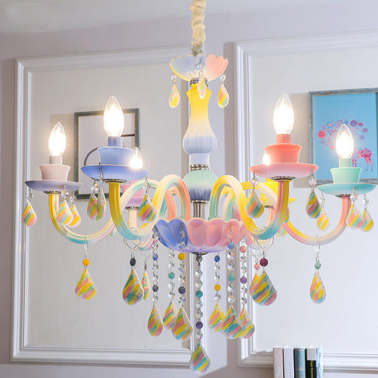 Blue Crystal Arm Pendant Chandelier For Kids - Elegant 6 Head Hanging Light With Curvy Design