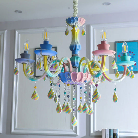 Blue Crystal Arm Pendant Chandelier For Kids - Elegant 6 Head Hanging Light With Curvy Design