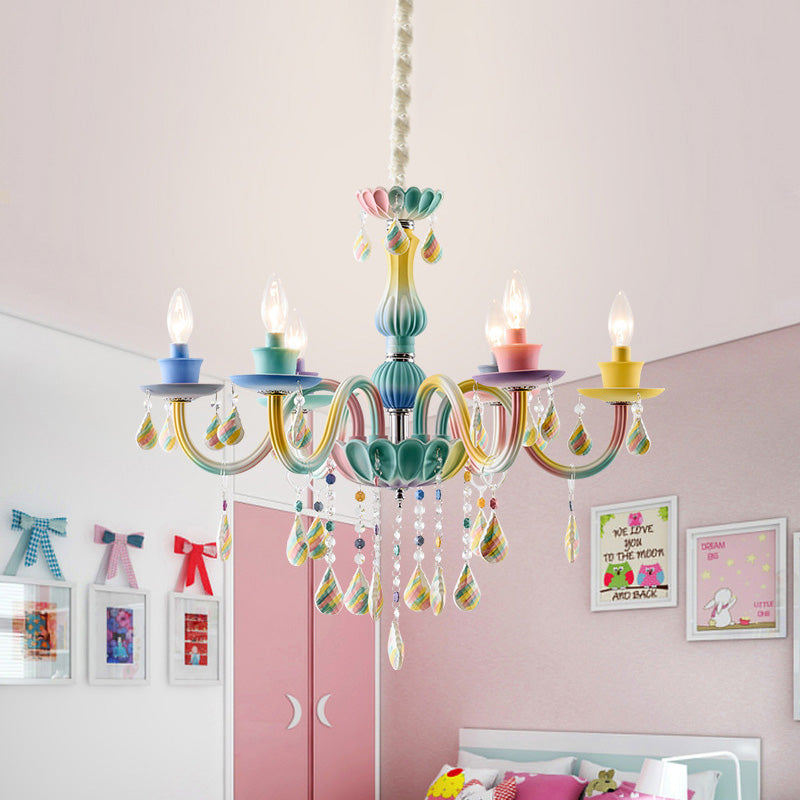 Blue Crystal Arm Pendant Chandelier For Kids - Elegant 6 Head Hanging Light With Curvy Design