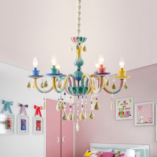 Blue Crystal Arm Pendant Chandelier For Kids - Elegant 6 Head Hanging Light With Curvy Design