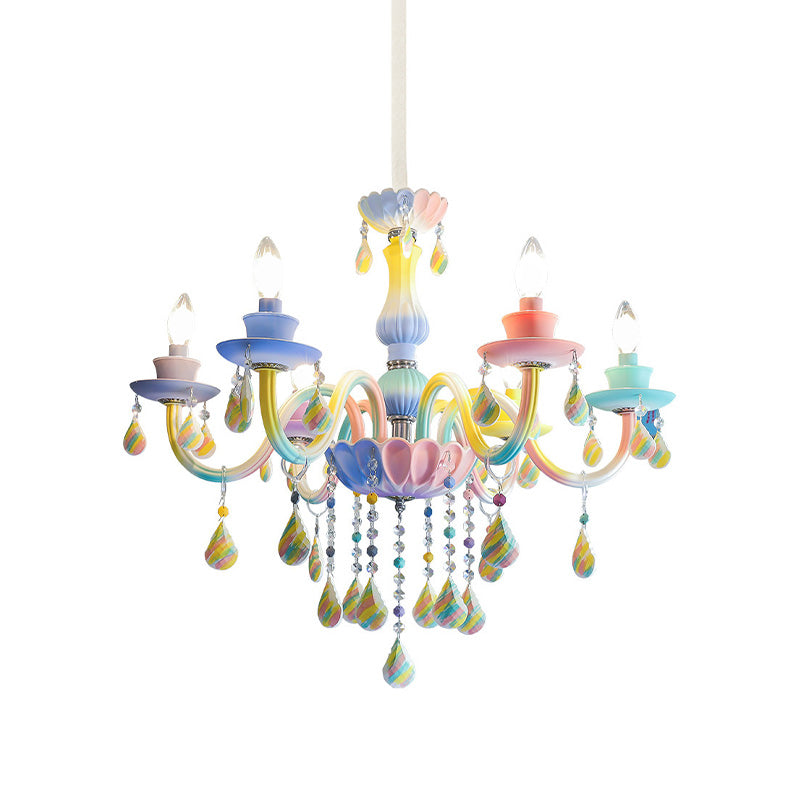 Blue Crystal Arm Pendant Chandelier For Kids - Elegant 6 Head Hanging Light With Curvy Design