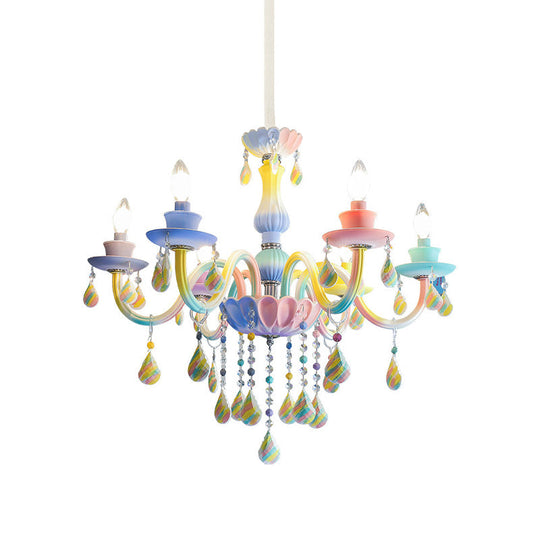 Blue Crystal Arm Pendant Chandelier For Kids - Elegant 6 Head Hanging Light With Curvy Design