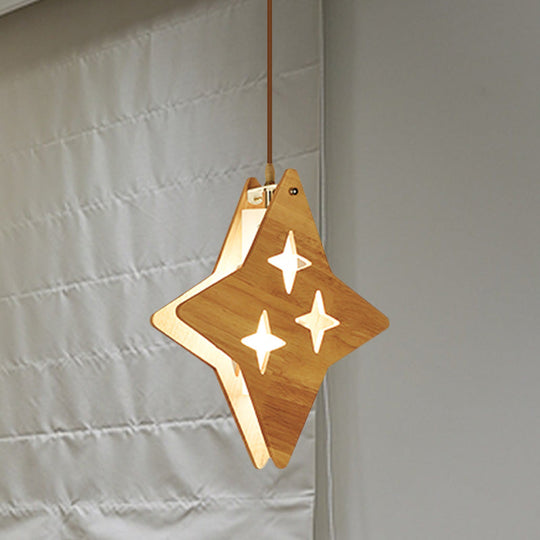 Suspended Wood Panel Pendant Light With Star/Moon Design - Beige Shade For Restaurants