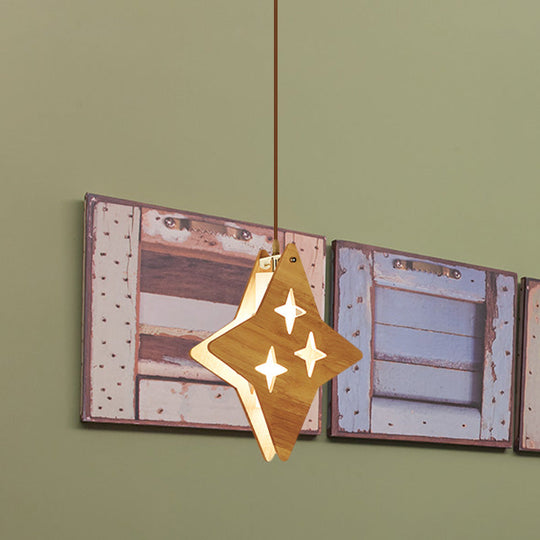 Suspended Wood Panel Pendant Light With Star/Moon Design - Beige Shade For Restaurants