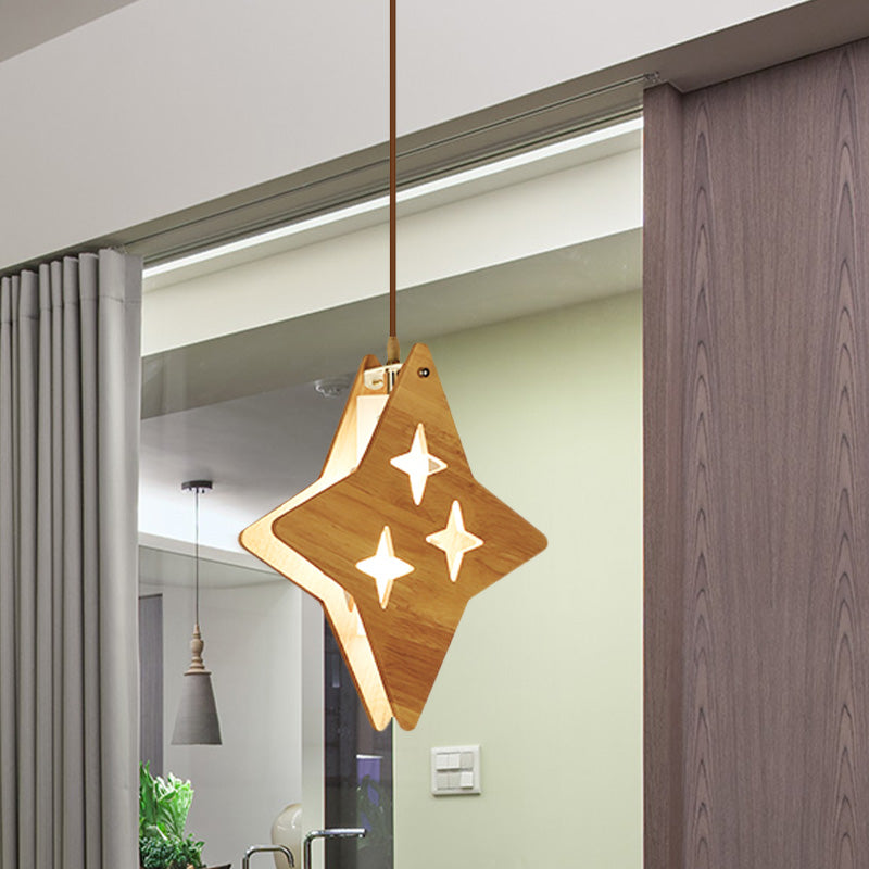 Suspended Wood Panel Pendant Light With Star/Moon Design - Beige Shade For Restaurants