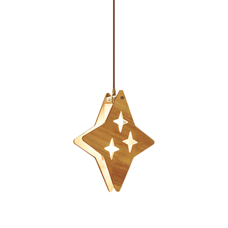 Suspended Wood Panel Pendant Light With Star/Moon Design - Beige Shade For Restaurants