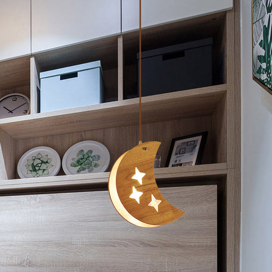 Suspended Wood Panel Pendant Light With Star/Moon Design - Beige Shade For Restaurants