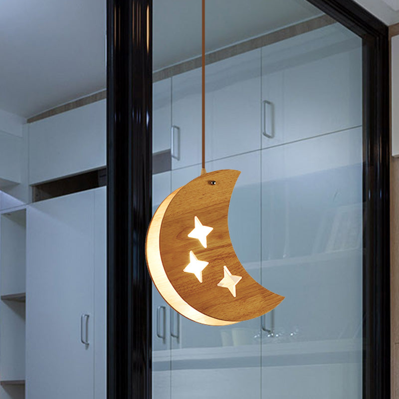 Suspended Wood Panel Pendant Light With Star/Moon Design - Beige Shade For Restaurants