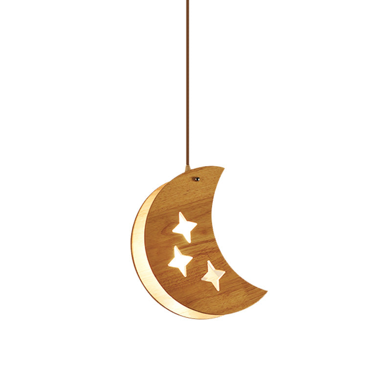 Suspended Wood Panel Pendant Light With Star/Moon Design - Beige Shade For Restaurants