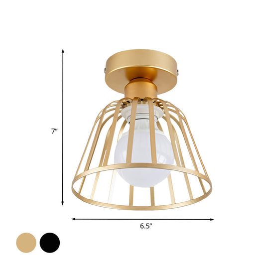 Sleek Iron Bowl Cage Semi Flush Light Fixture - Black/Gold Finish