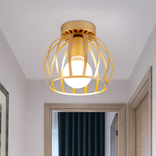 Simple Black and Gold Flush Mount Corridor Light with Iron Shade and Globe Cage