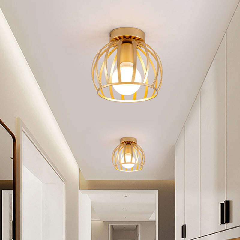 Simple Black and Gold Flush Mount Corridor Light with Iron Shade and Globe Cage