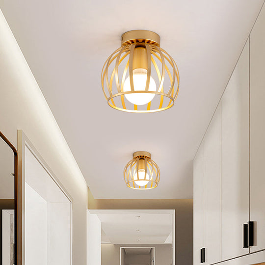 Simple Black And Gold Flush Mount Corridor Light With Iron Shade Globe Cage