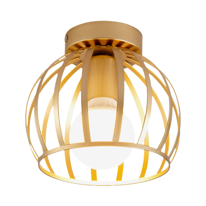 Simple Black and Gold Flush Mount Corridor Light with Iron Shade and Globe Cage