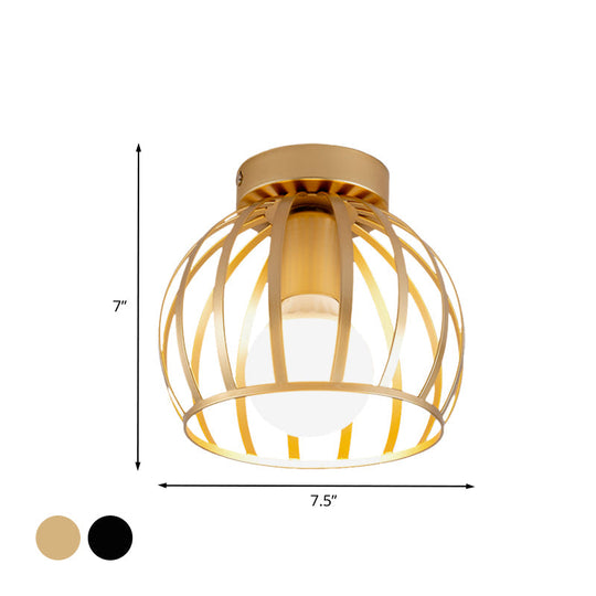 Simple Black and Gold Flush Mount Corridor Light with Iron Shade and Globe Cage