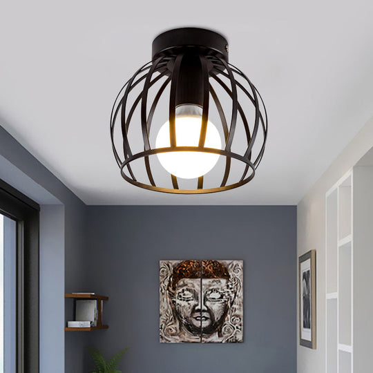 Simple Black and Gold Flush Mount Corridor Light with Iron Shade and Globe Cage