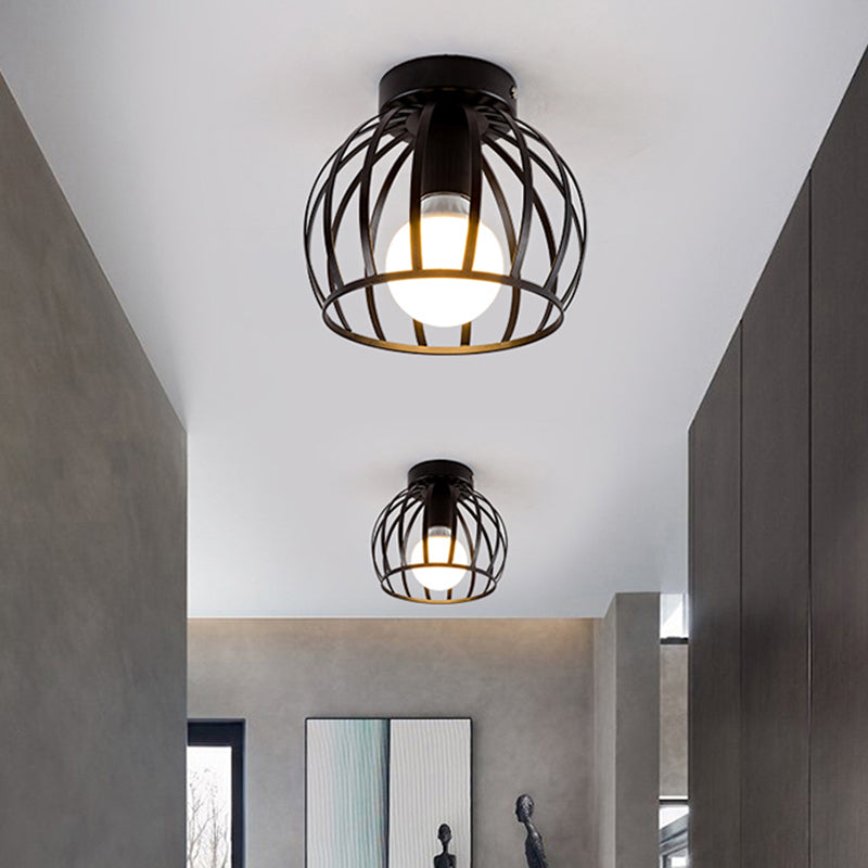 Simple Black and Gold Flush Mount Corridor Light with Iron Shade and Globe Cage