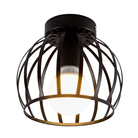 Simple Black and Gold Flush Mount Corridor Light with Iron Shade and Globe Cage