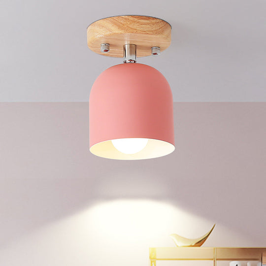 Semi-Flush Macaron Pink Iron Shade Ceiling Lamp - Rotatable, Bell Style, 1-Bulb, Flush Mounted Light with Pink Finish