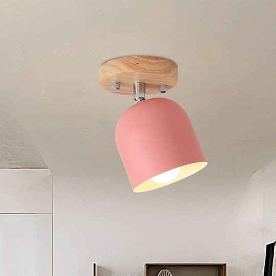 Semi-Flush Macaron Pink Iron Shade Ceiling Lamp - Rotatable, Bell Style, 1-Bulb, Flush Mounted Light with Pink Finish