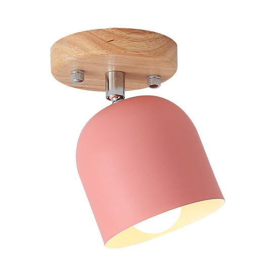 Semi-Flush Macaron Pink Iron Shade Ceiling Lamp - Rotatable, Bell Style, 1-Bulb, Flush Mounted Light with Pink Finish