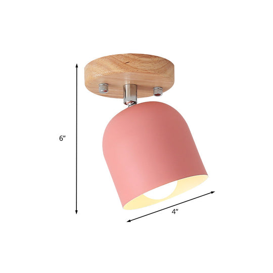 Semi-Flush Macaron Pink Iron Shade Ceiling Lamp - Rotatable, Bell Style, 1-Bulb, Flush Mounted Light with Pink Finish