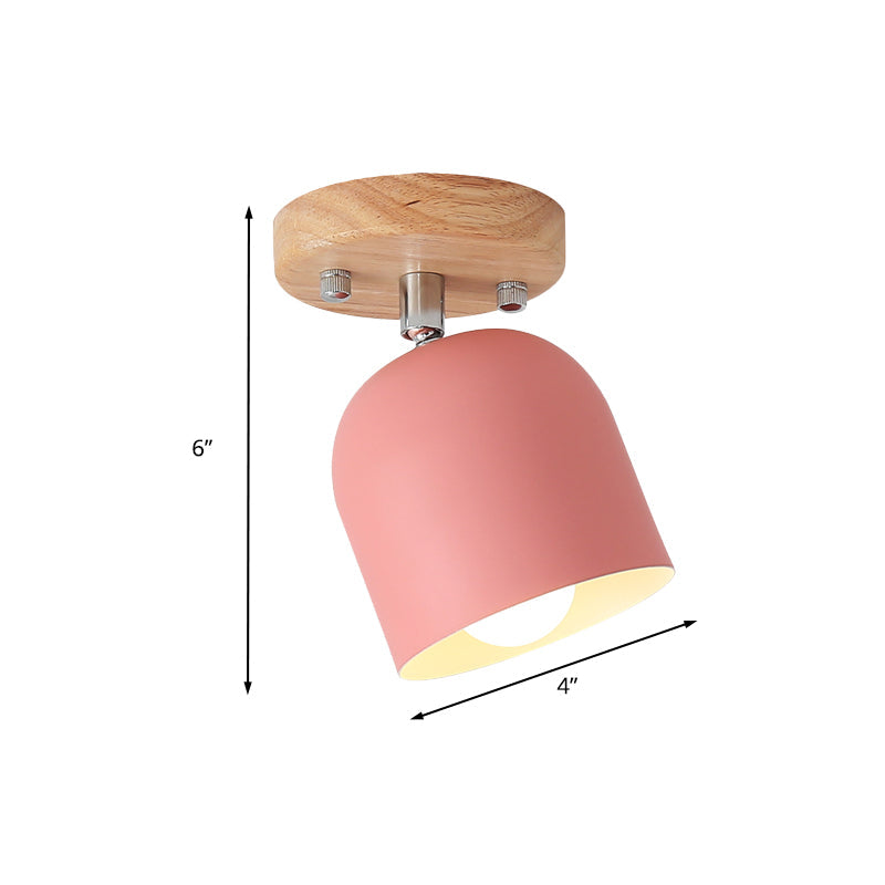 Semi-Flush Macaron Pink Iron Shade Ceiling Lamp - Rotatable Bell Style 1-Bulb Flush Mounted Light