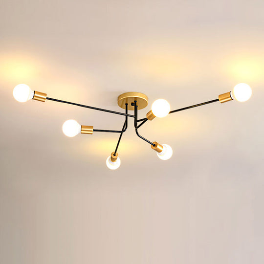 Modernist Sputnik Semi Flush Mount Light - Gold & Black Finish, 6 Bulbs, Close to Ceiling