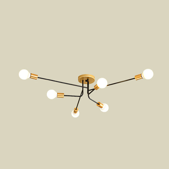 Modernist Sputnik Semi Flush Mount Light - Gold & Black Finish, 6 Bulbs, Close to Ceiling