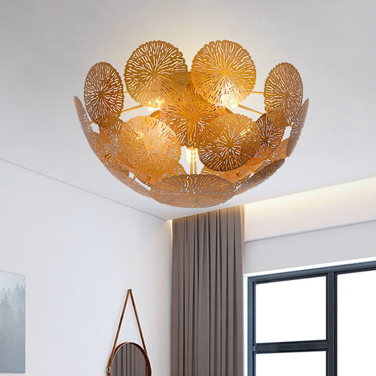 Gold Lotus Leaf 5-Head Semi Flush Light: Modern Metal Fixture