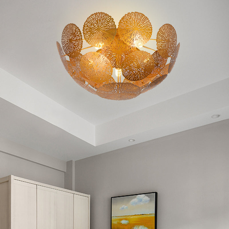 Gold Lotus Leaf 5-Head Semi Flush Light: Modern Metal Fixture