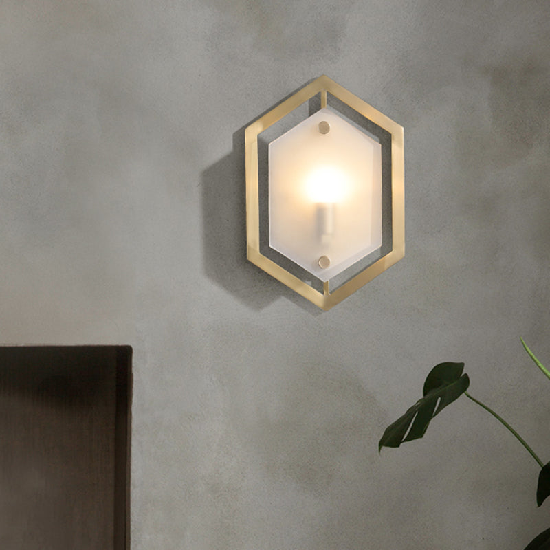 Hexagon Sconce Lighting: Postmodern Metallic 1-Bulb Brass Wall Lamp With Translucent Glass Shade