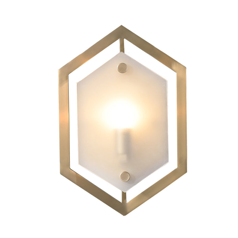 Hexagon Sconce Lighting: Postmodern Metallic 1-Bulb Brass Wall Lamp With Translucent Glass Shade