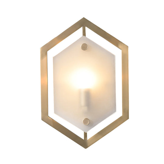 Hexagon Sconce Lighting: Postmodern Metallic 1-Bulb Brass Wall Lamp With Translucent Glass Shade