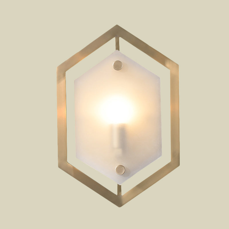 Hexagon Sconce Lighting: Postmodern Metallic 1-Bulb Brass Wall Lamp With Translucent Glass Shade